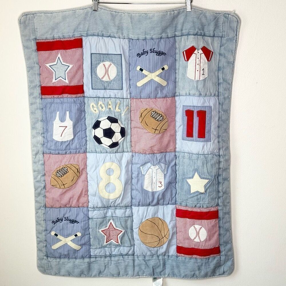 Lambs & Ivy Vintage Sports Theme Embroidered Baby Comforter Tapestry 33” x 40”